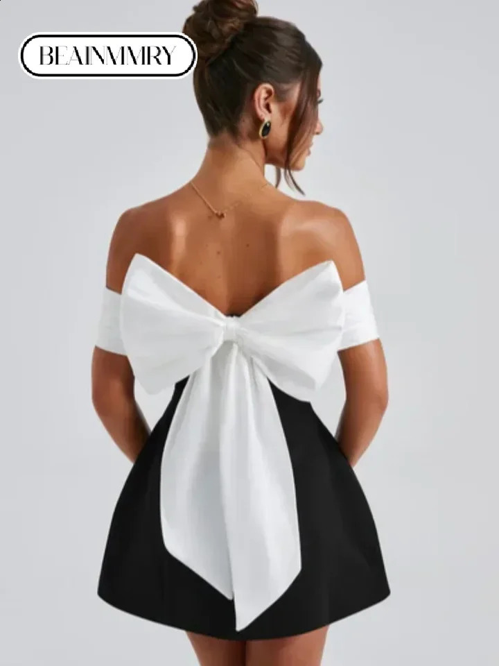 2025 Back Big Bow Decoration Mini Dress Fashion Off Shoulder High Waist Sleeveless Backless Dresses Spring Summer Party Gown 250206