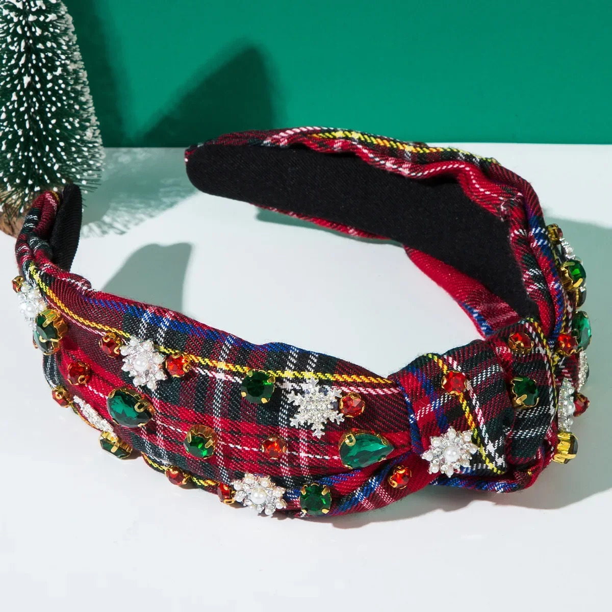 -selling Checked Fabric Knotted Headband Inlaid with Christmas Accessories Vintage Holiday Hair Accessories 250207