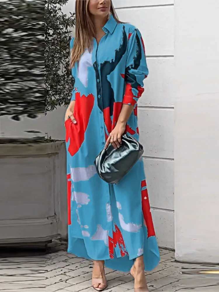 Womens Clothing 2024 Spring Fashion Print Sexy Slit Long Single Breasted Shirt Casual Comfortable With Pocket Irregular DressXJ2500207
