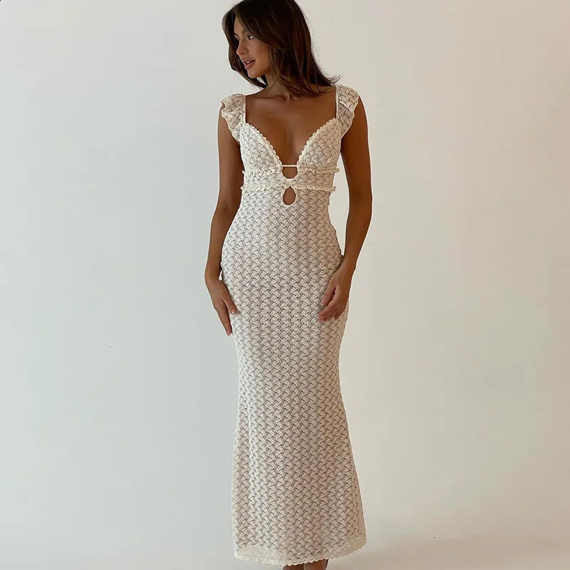 Cryptographic Elegant Tie Detail Sexy Cut Out Backless Dress Party Club Outfits Summer See Through Sleeveless Dresse Robe 250207