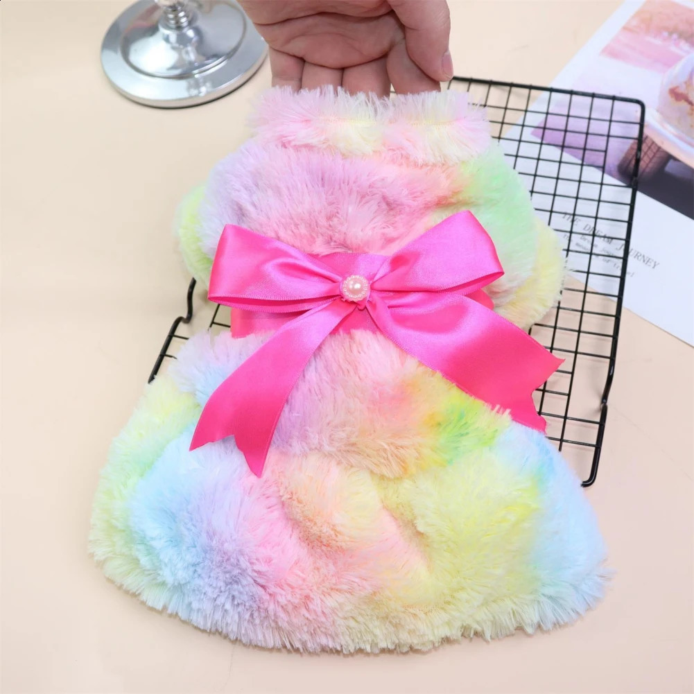 Winter Pet Clothes Elegant Fur Dress Warm Overcoat Small Dog Cat Clothes Bowknot Leopard Chihuahua Princess Party Dress 250206