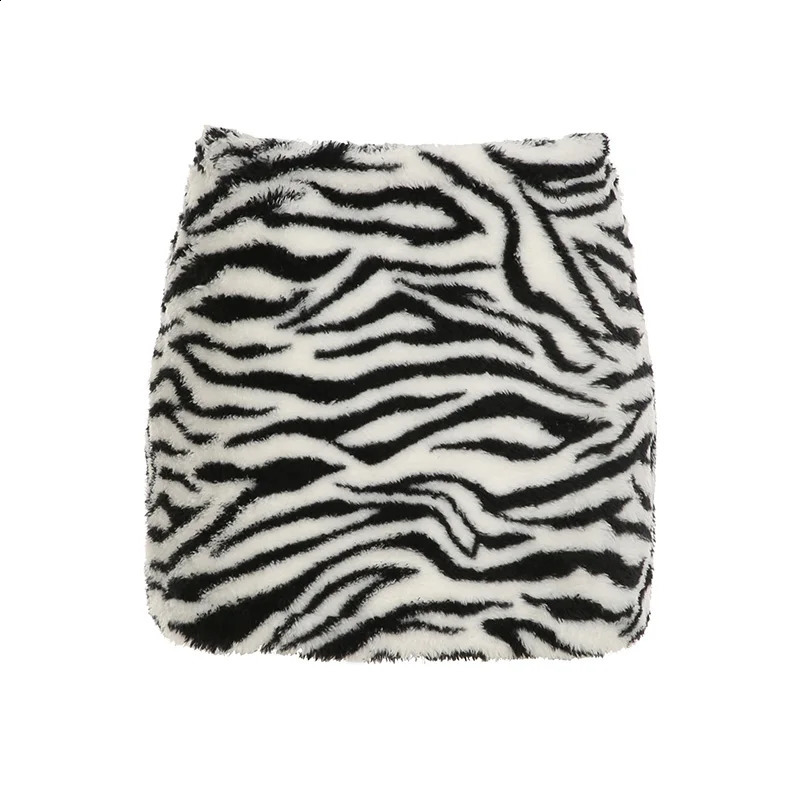 HEYoun Zebra Stripes Faux Fur Short Skirt Winter Stylish Women Y2K Bodycon Skirts Party Clubwear Vintage 2000s Costume Sexy 250206