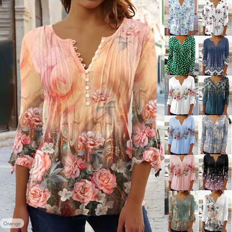 European and American Spring/Summer Women's wer Printed V-neck Short Sleeve Folded Button T-shirt Bottom Shirt 2024 New Casual Versatile Fashion 