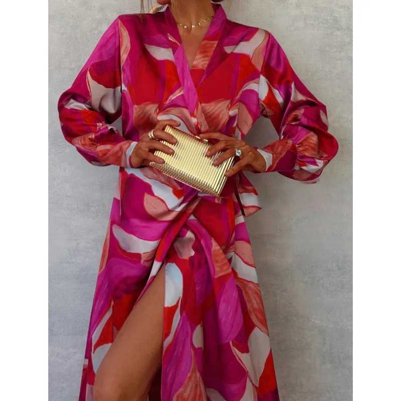 Pink Printed Womens Long Sved Dress Autumn New V-neck Cross Tie Lantern Sve Irregular Womens Long Dress 2024 VestidoXJ2500207