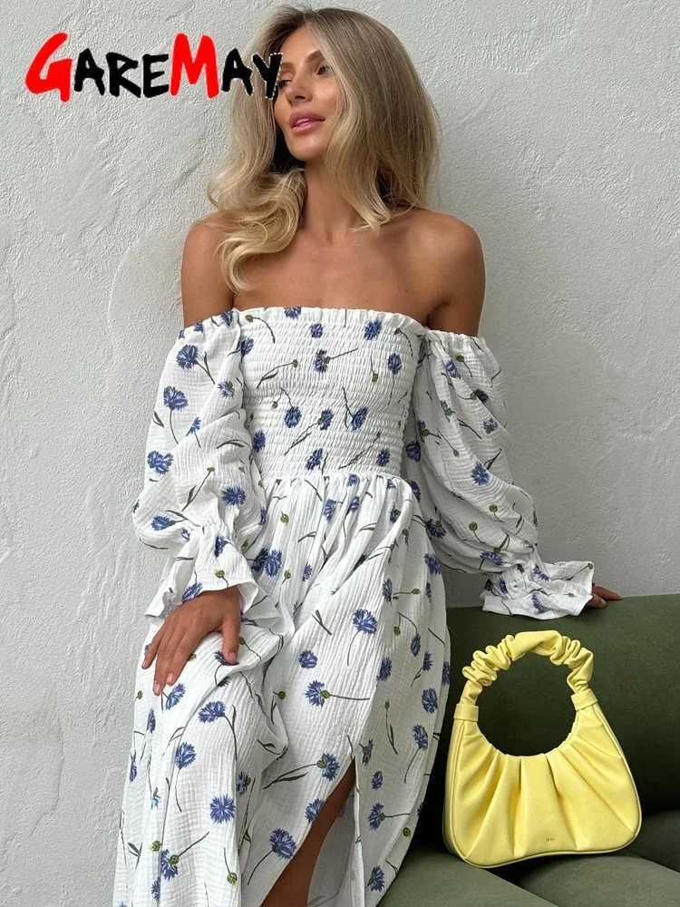 Womens Summer Cotton Dress 100% Ele Ruffle Midi Floral Print Dress with Side Slits Flower Vintage slin Dress for WomenXJ2500207