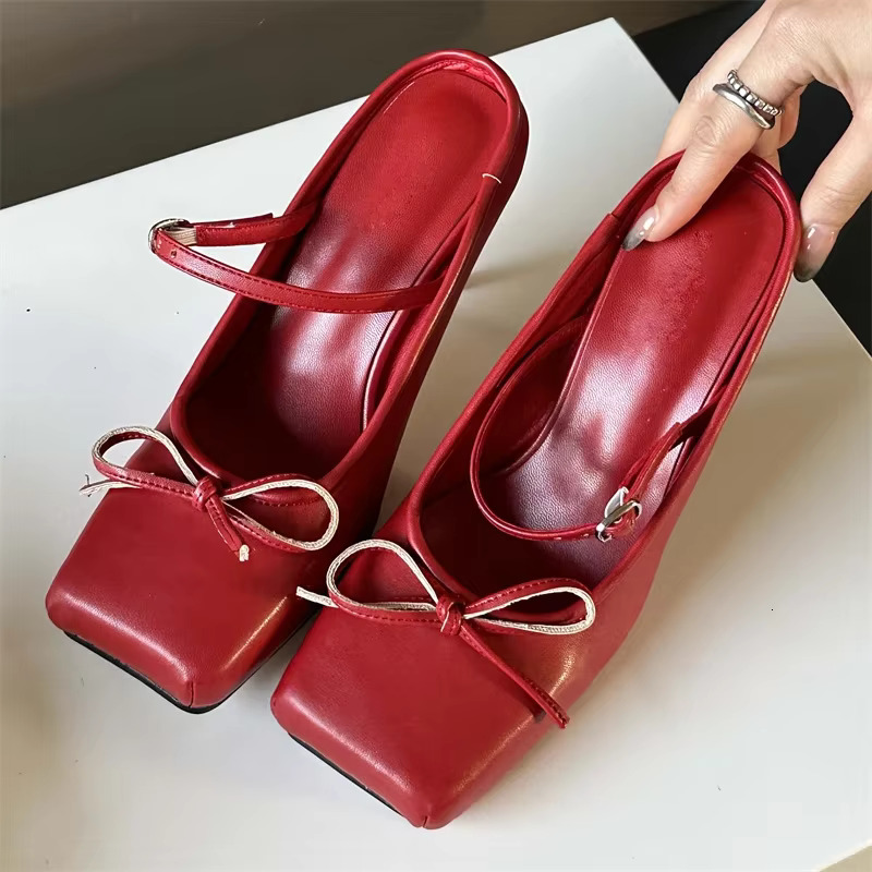 Eilyken New Design Bowknot Square Toe Women Pumps Sexy Buckle Strap Thin High Heels Banquet Prom Mule Slippers Shoes 250221