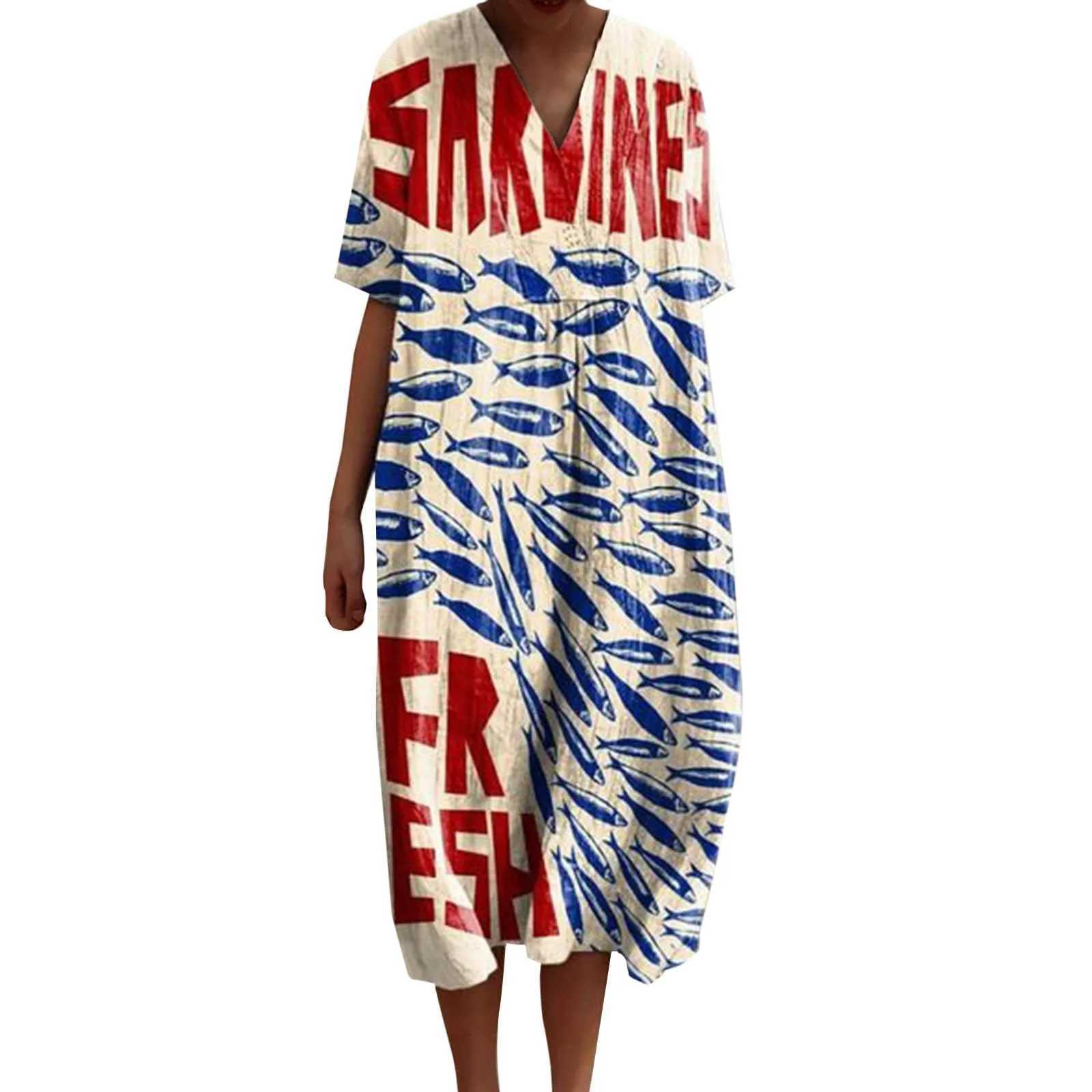 WomenS Vintage Ocean Fish Art Print V-Neck Half Sve Flowy Dress Bohemian Style Casual Loose Lady Long Dress Beach PartyXJ2500207