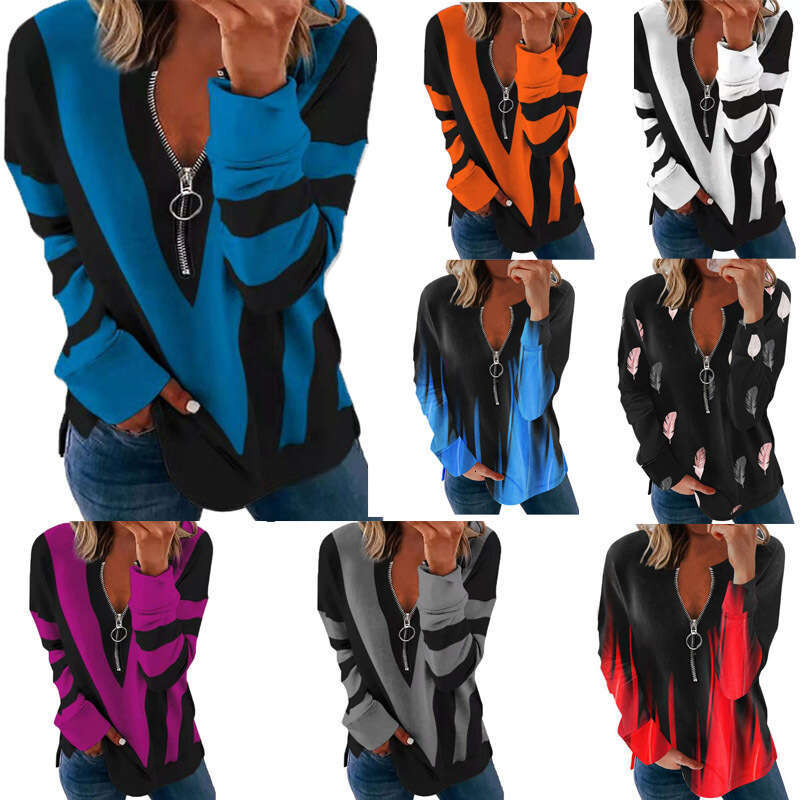 Autumn and winter hot selg V-neck zipper personalized print long sleeved women's hoodie 2024 temperament versatile new trend clothing ins