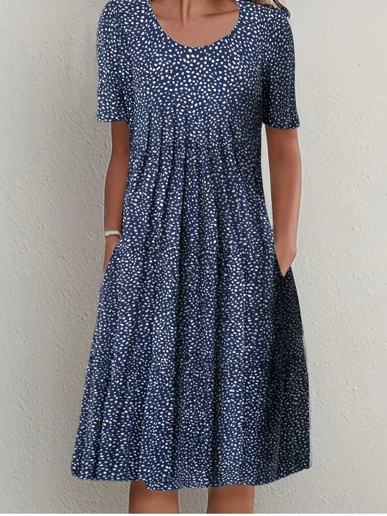Spring And Summer Womens Ele Large Skirt Round Neck Printed Short-sved DressXJ2500207