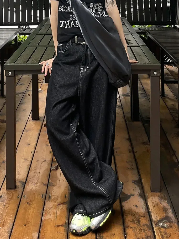 Retro ed Black jeans Y2k Womens Super Street Baggy Loose Jeans Mens Hip Hop Gothic Classic Style Women pants 250206