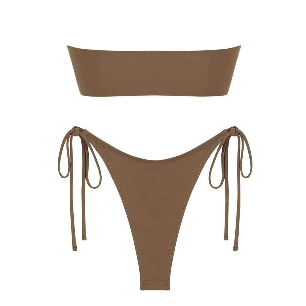 Solid O 2024 New Swimsuit For Women Tie Side Shiny Metal Hardware Ring Bandeau Bikini Swimwear Padded Bra Top Low Waisted