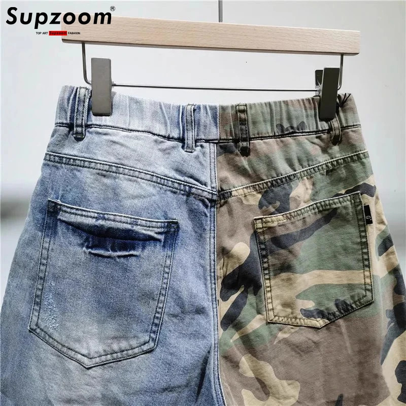 Supzoom 2023 Arrival Ulzzang Summer Pattern Length Zipper Fly Stoashed Camouflage Patchwork Jeans Shorts Men 250207