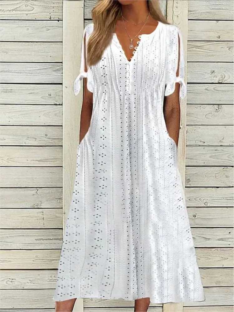 Summer Solid Color Short Sved Womens Dresses Fashion Sexy Hollow V Neck Lace Ruffle Casual Simple Fe Beach Holiday DressXJ2500207