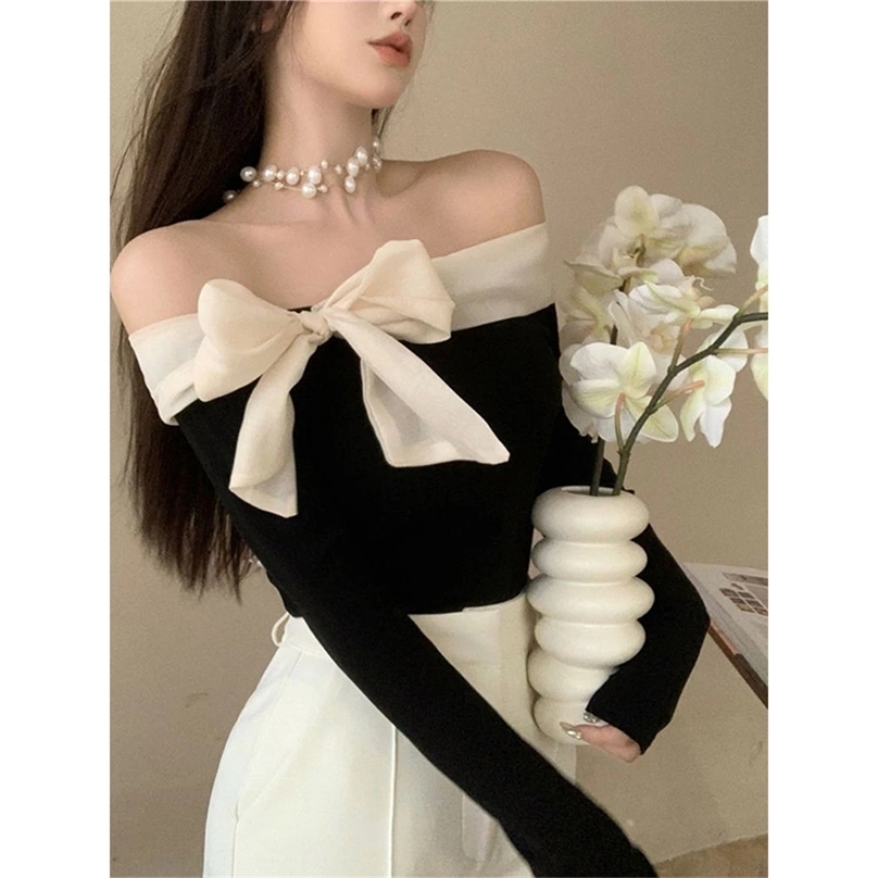 MEXZT French Elegant Sweater Women Sexy Off Shoulder Bow Slash Neck Pullovers Ladies Y2K Korean Stretch Slim Long Sleeve Tops 250107