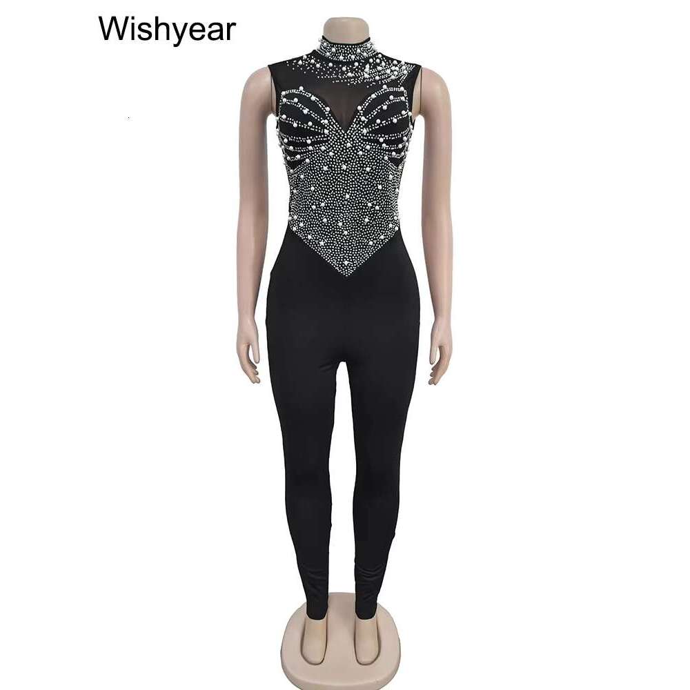 year Sparkle Pearls Rhies Patchwork Long Pants Jumpsuits Women's Sleeveless Night Out Rompers Birthday Evening Outfits