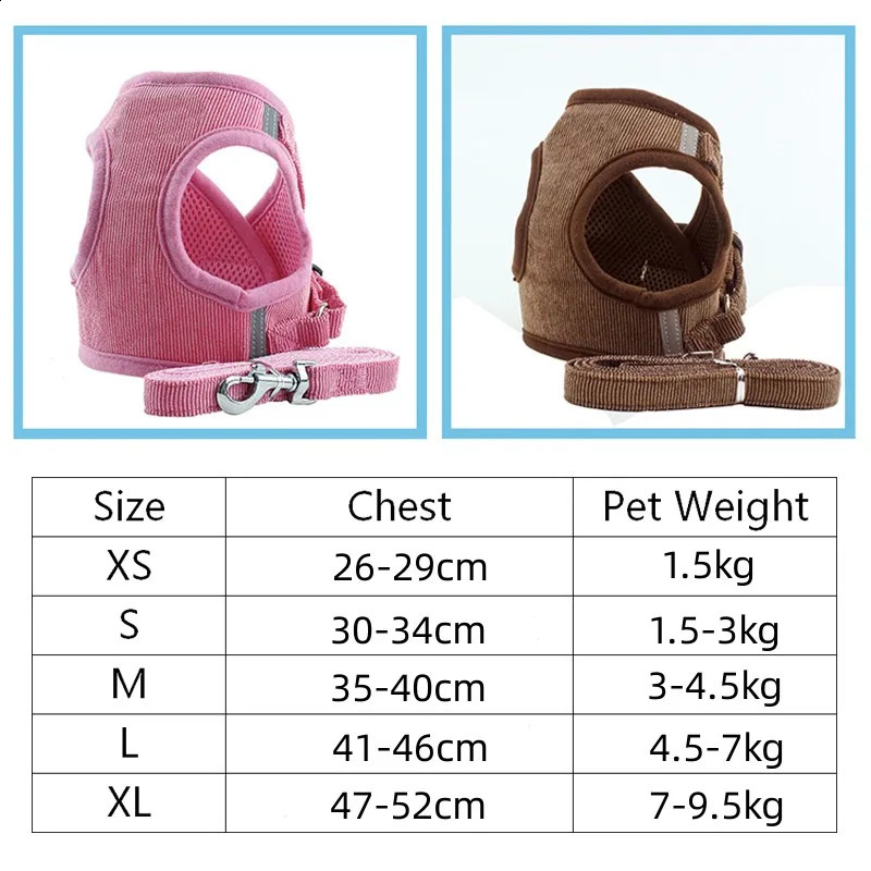 Reflective Pet Dog Vest Harness And Leash Set Windproof Corduroy Adjustable Chest Strap Breathable Mesh Harnesses For Dogs 250206