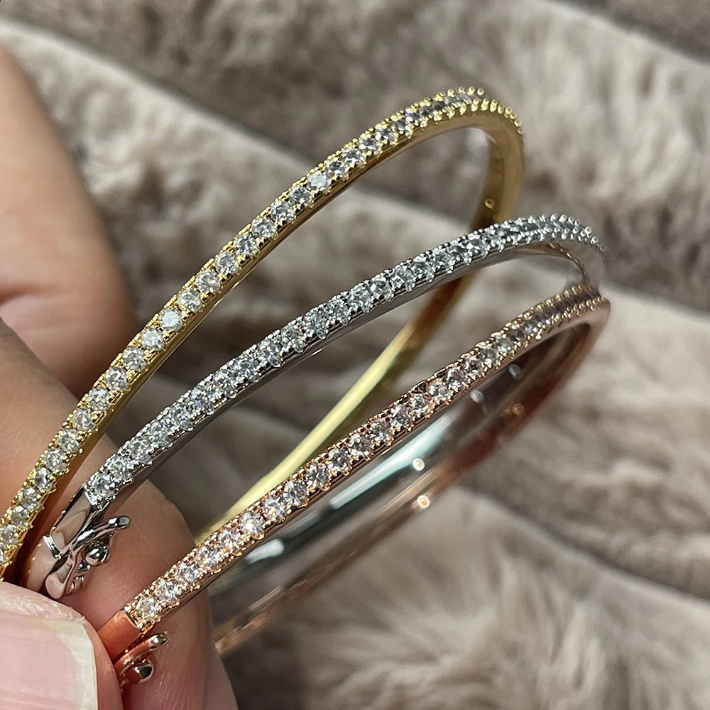 Pure 925 Sterling Silver Full Diamond Bracelet Classic Party Jewelry Friendship Bracelet Silver Bangle Rose Gold 17CM 250207