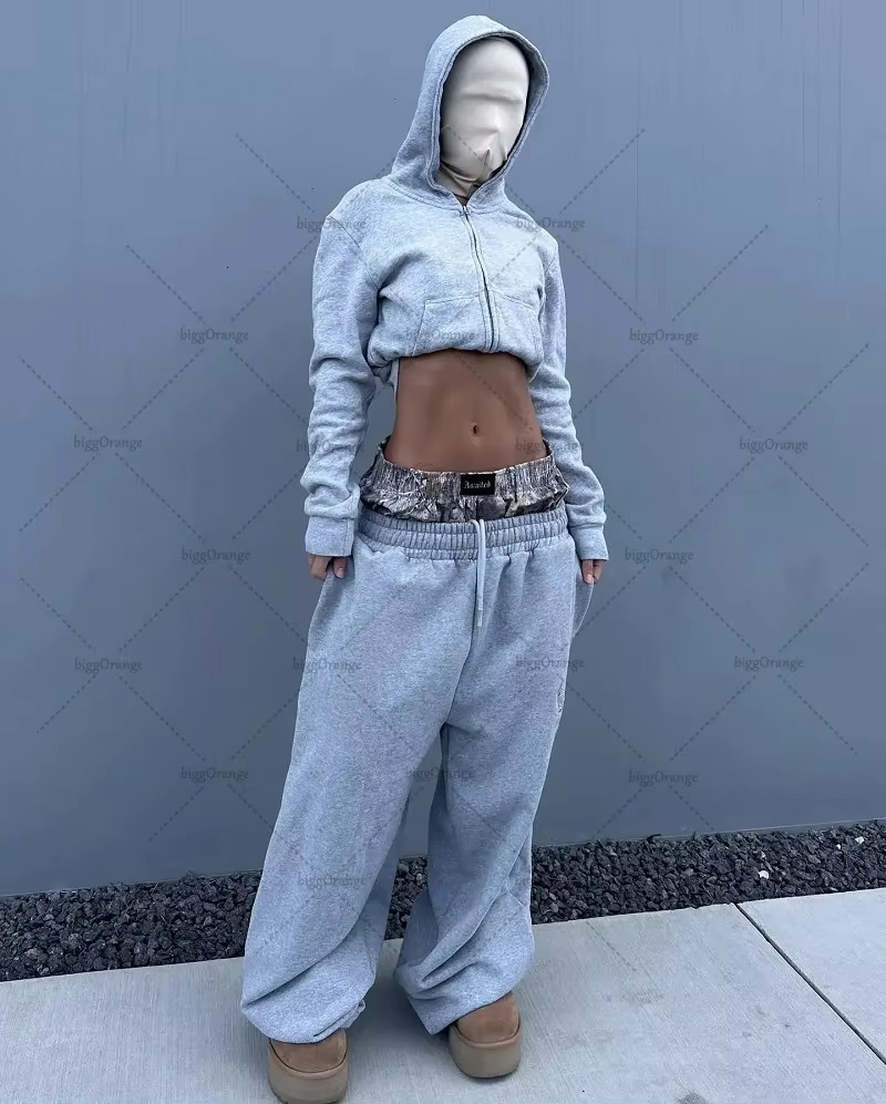 European American High Street Fashion Trousers Fake Two Piece Sweatpants Loose And Versatile Drawstring Wide Leg Pants Women
