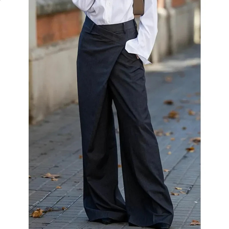 Modigirl Trendy Womens Suit Pants Autumn Spring Loose Wide Leg Asymmetric Solid Color SplitJoint High Waisted Formal Trousers 250206
