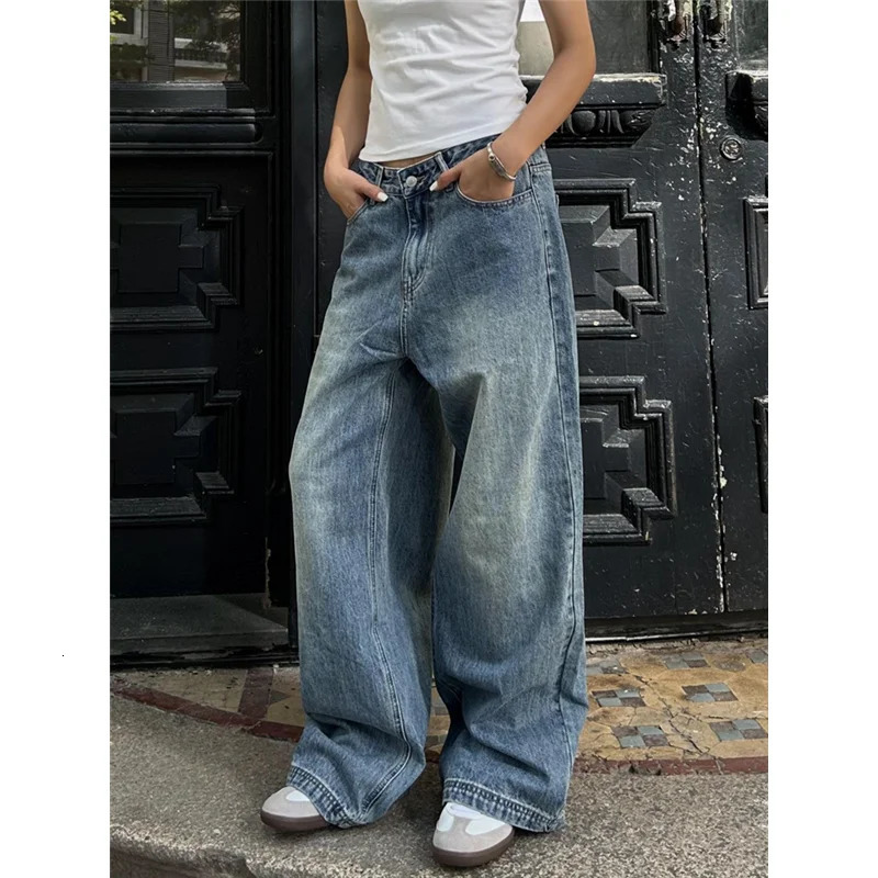Blue Womens Jeans High Waist Vintage Straight Summer Y2K Classic Denim Pants Streetwear American Wide Leg Baggy Trouser 250121