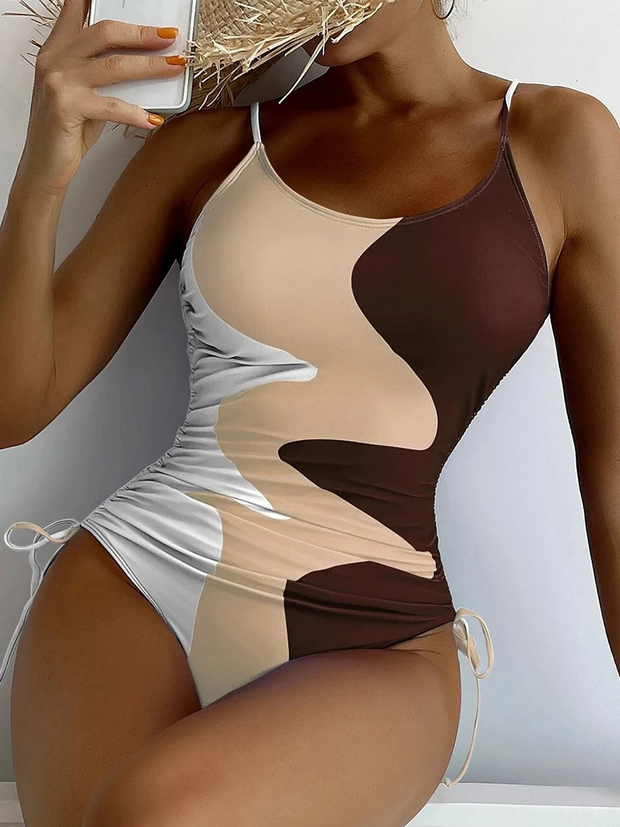 2024 Drawstring Swimsuit One Piece Printed Swimwear Women Strape Bathers Bathing Swim Suit Female Swimming Beachwear Bodysuit 250207