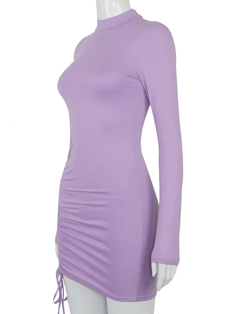 Long Sleeve Ruched Bodycon Dres Turtleneck Bandage Mini Dresses Autumn Black Skinny Stretchy Party 250206