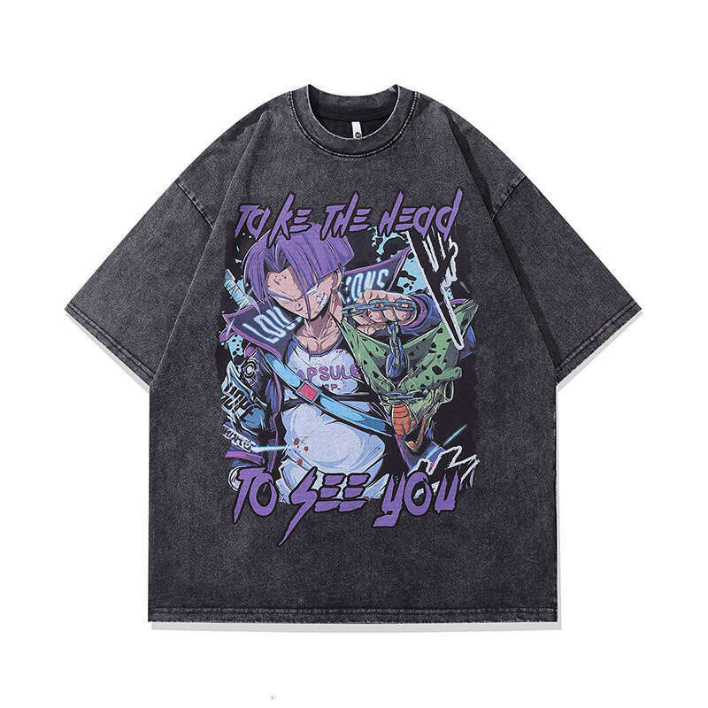 TKPA Harajuku Cartoon Anime Character Washed Old Short T-shirt for Men and Women Hip Hop Fashion Brand Half sleeved Tee Shirt
