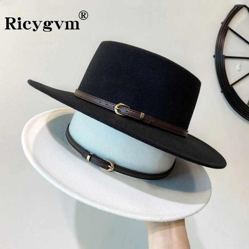 Women Fedora Chic Belt Buckle Decorated Flap Brim Felt Hat Retro British Jazz Casquette Winter Autumn Wool Warm Boater Cap gorra 250206