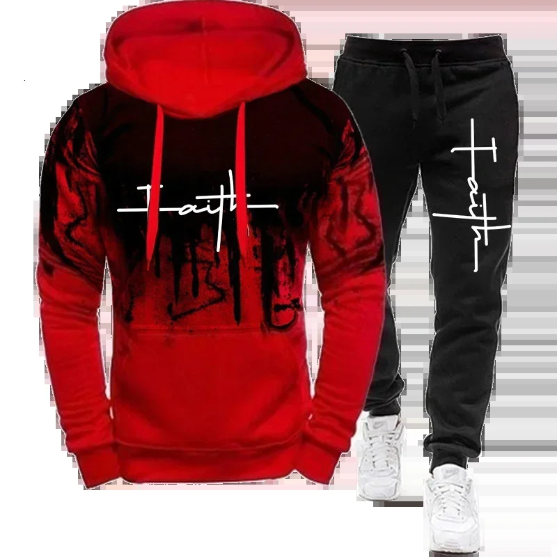 Fashion Faith Print autumn mens casual track suit sports shirt and pants twopiece set Plus size customization 250207
