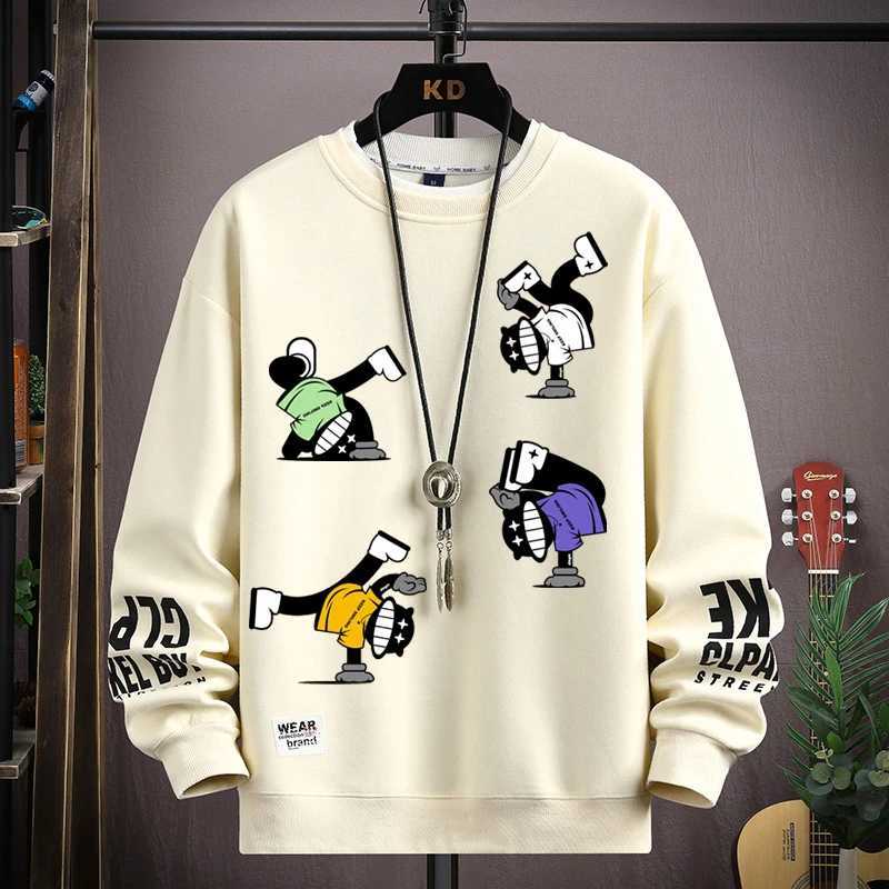 S-5XL Mens Hip Hop Sweatshirts Casual O Neck Harajuku Khaki Top Trendy Cartoon Printed Long Sleeve T-shirt Fashion Mens Clothing W250207