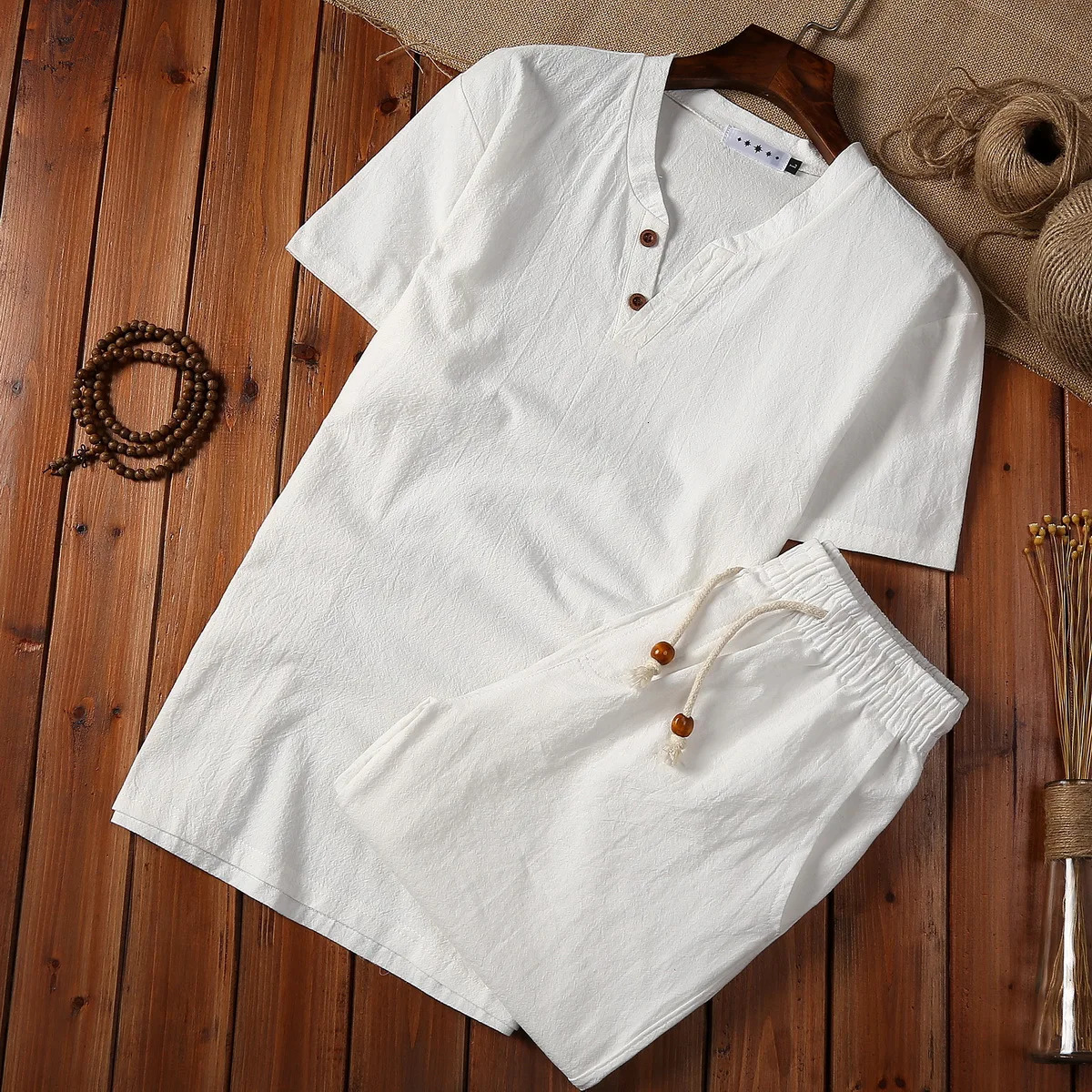 5XL summer loose retro casual cotton linen mens clothing Chinese style long sleeved Tshirt twopiece set 250207
