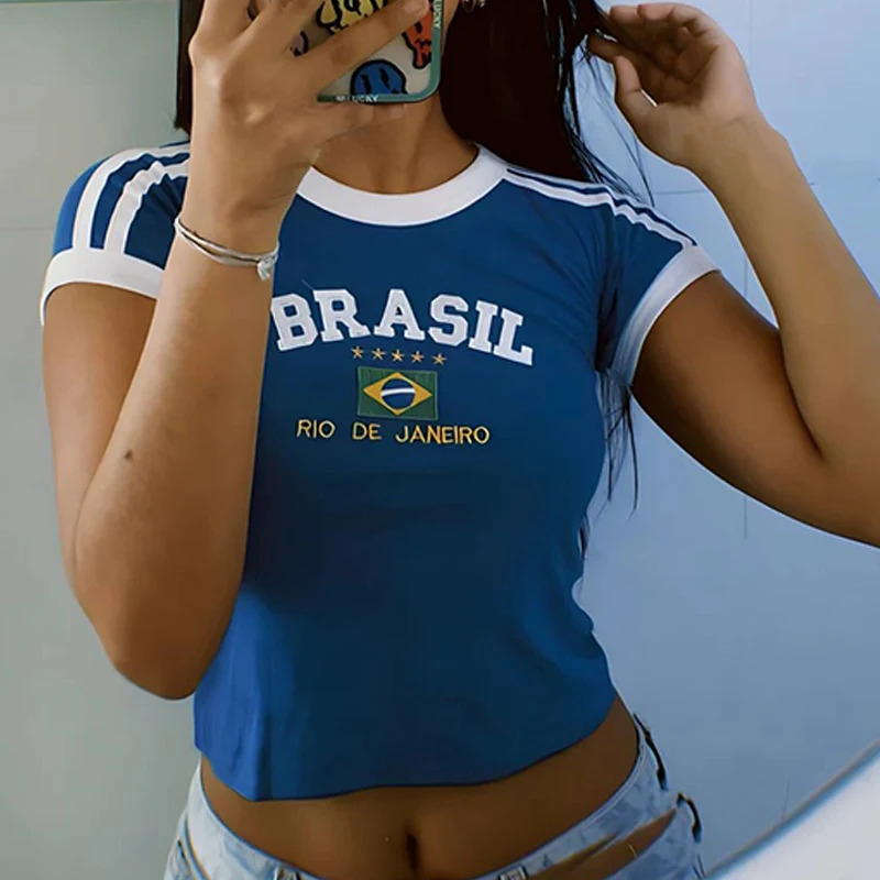 Aesthetic Women Letter Embroidery Gothic Crop Top Streetwear Grunge Vintage Casual Short Sleeve T-Shirt Y2k Clothes Emo Baby Tee 250206