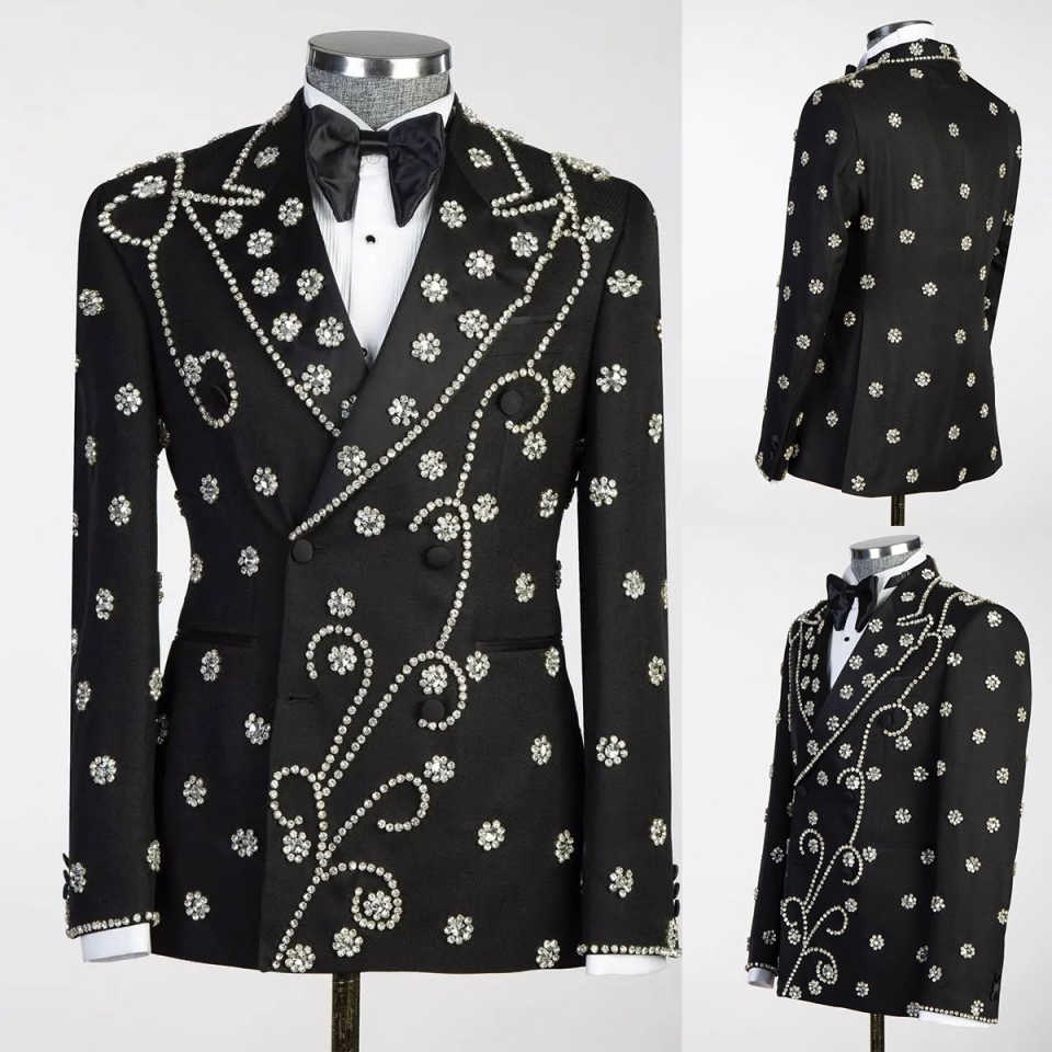 Luxury Wedding Tuxedos Beading Flowers Double Breasted Men Suit Peaked Lapel 1 Piece Set Jacket Groom Blazers Customized