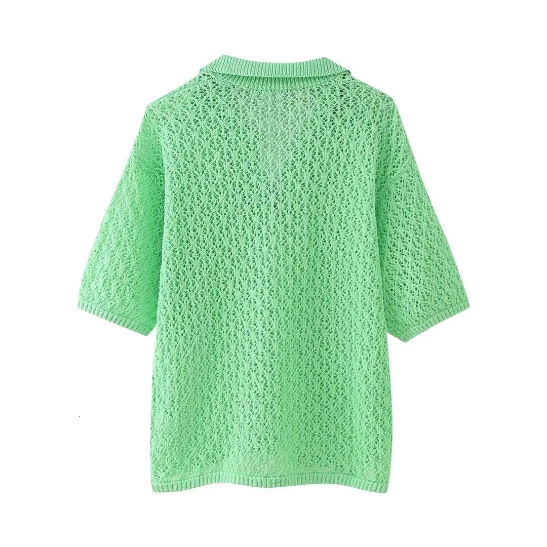 DUOPERI Women Fashion Jacquard Solid Knitted Mesh Out Pullover Polo Shirt Short Sleeve Female Chic Lady Casual Tops 250207