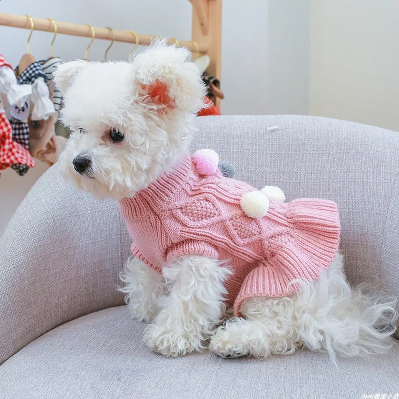 1PC Pet Apparel Dog Autumn and Winter Thickened Warm Pink Coffee Ball Knit Pullover Sweater Dress For Small Medium Dogs 250206