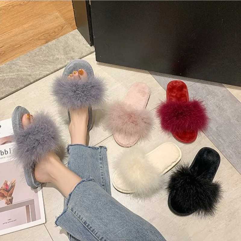 Leisure Plush Slipper for Woman Womens Autumn Winter Ostrich Feather Slippers Footwear Lightweight Flats N-slip Home SlippersXJ250207