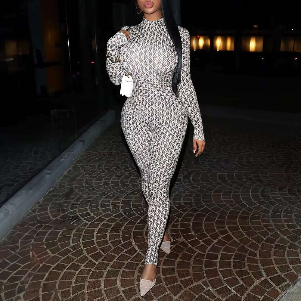 DRC Sexy Clubwear Outfits for Woman Long Sleeve Skinny Party Bodycon Y2k Jumpsuit 2024 New One-piece White Print Rompers