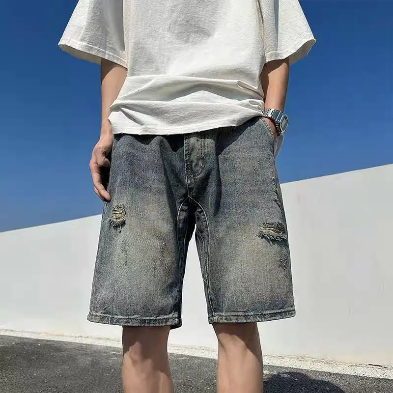 Summer Men Distress Vintage Cargo Denim Shorts Harajuku Streetwear Fashion Straight Baggy Casual Knee Length Short Jeans 250207