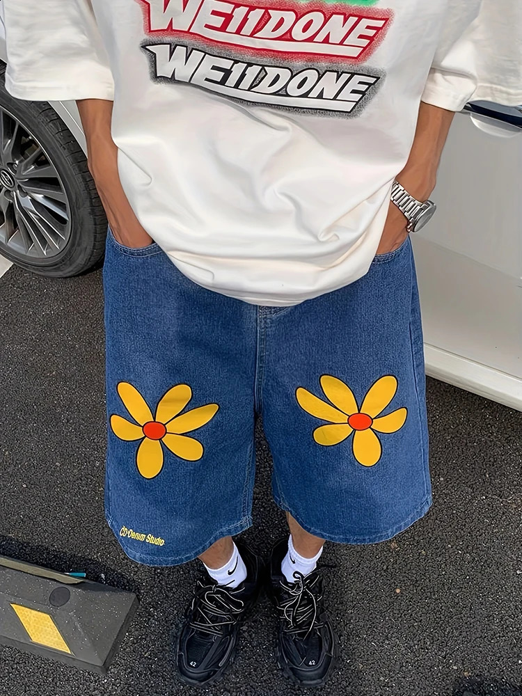 REDDACHIC Men Daisy Print Blue Baggy Jeans Jorts Vintage Wash Low Waist Casual Loose Wide Leg Denim Shorts Y2k Summer Clothes 250120