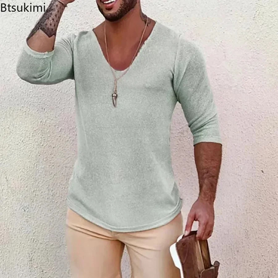 2025 Mens Casual Long Sleeve Kniited Sweaters Thin Style Mens Spring Autumn Clothing Solid V Neck Knitting Pullover Knit Tops 250206