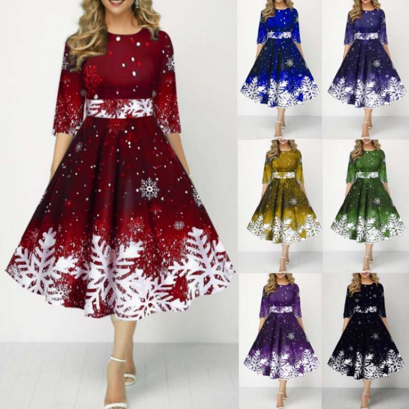 Christmas style European and American women's fashion personality snowflake digital printing mid sleeve waist cinched dress 2024 temperament vers