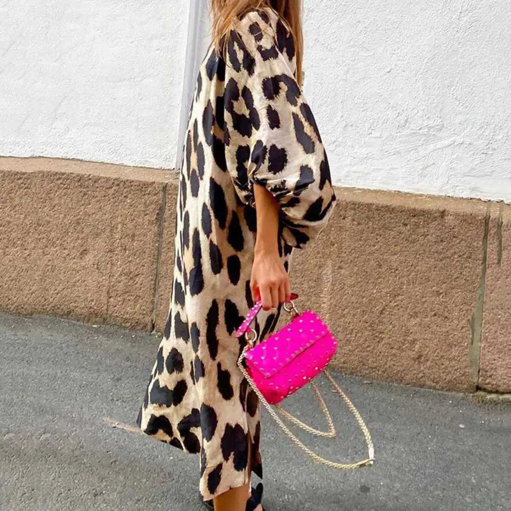 Women Dress V-Neck Lantern Sve Side Split Hem Long Dress Leopard Print Loose Ele Party Dress Fe ClothingXJ2500207
