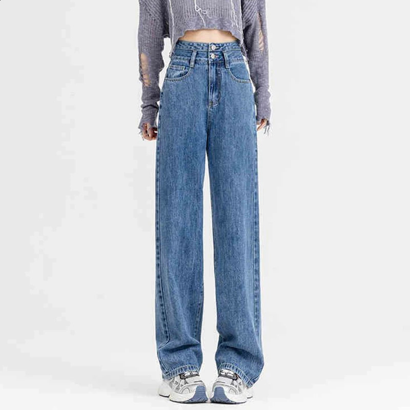 Woman Chic Double Buckle High Waist Jeans Girls Harajuku Wide Leg Casual Pants Female Korean Fashion Straight Denim Trousers 250206