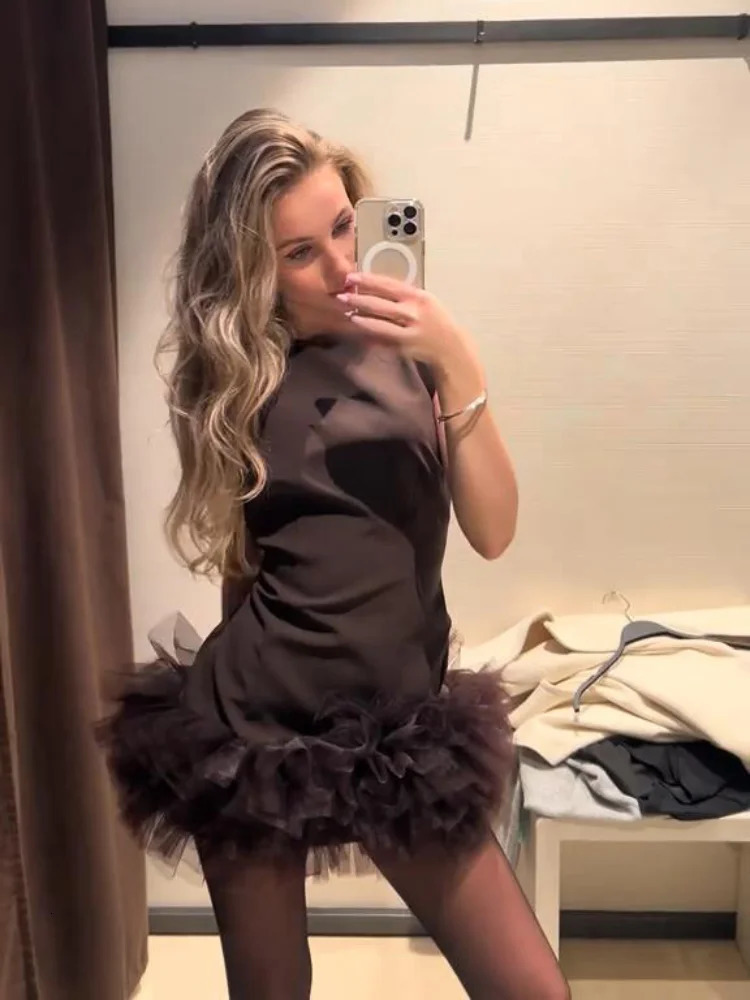 Fashion Y2K Patchwork Mesh Mini Dress For Women Elegant Sleeveless Oneck Chic Evening Short Female Party Dresses 250206