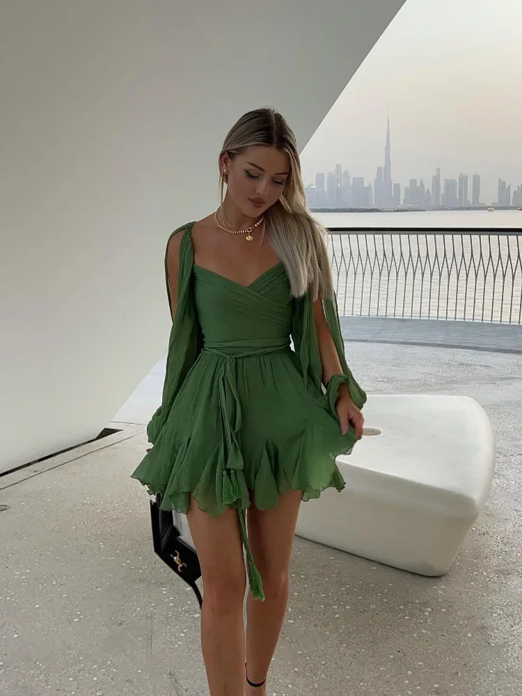 Womens Fashion Chiffon Pleated Lace Up High Waist Mini Dress Chic Green Hollow Out Full Sleeve Aline Dresses Lady Beach Robes 250206