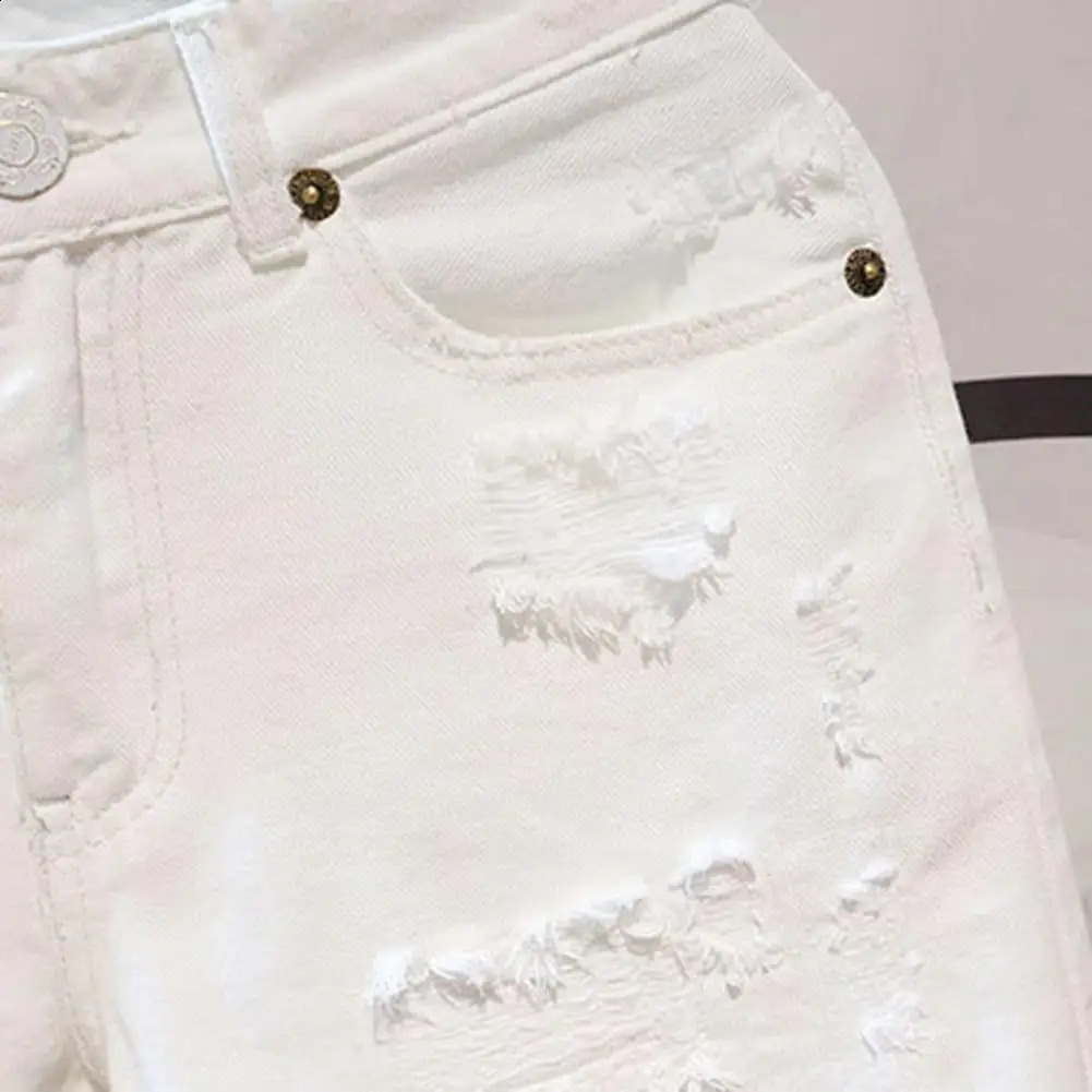 1Pc Knee-length Shorts Ripped Hole Straight Men Summer Short Jeans Mid Waist Multi Pockets Match Top Hip Hop Men Summer Shorts 250206