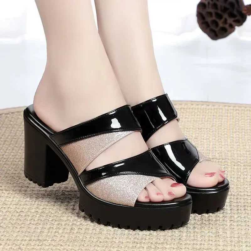 Summer Womens Shoes Thick Soled Thick Heel Slippers Open Toe High Heels Womens Outdoor Dress Party Womens High Heel SandalsXJ250207