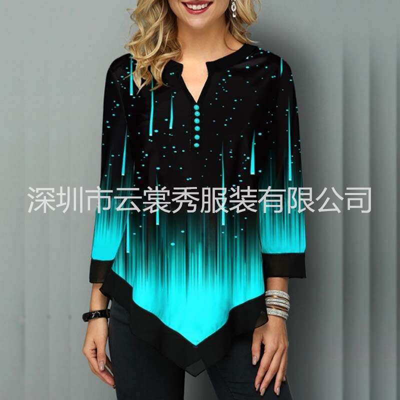 3D positioning printed street trendsetter V-neck irregular hem loose T-shirt 2024 new casual versatile fashion clothing