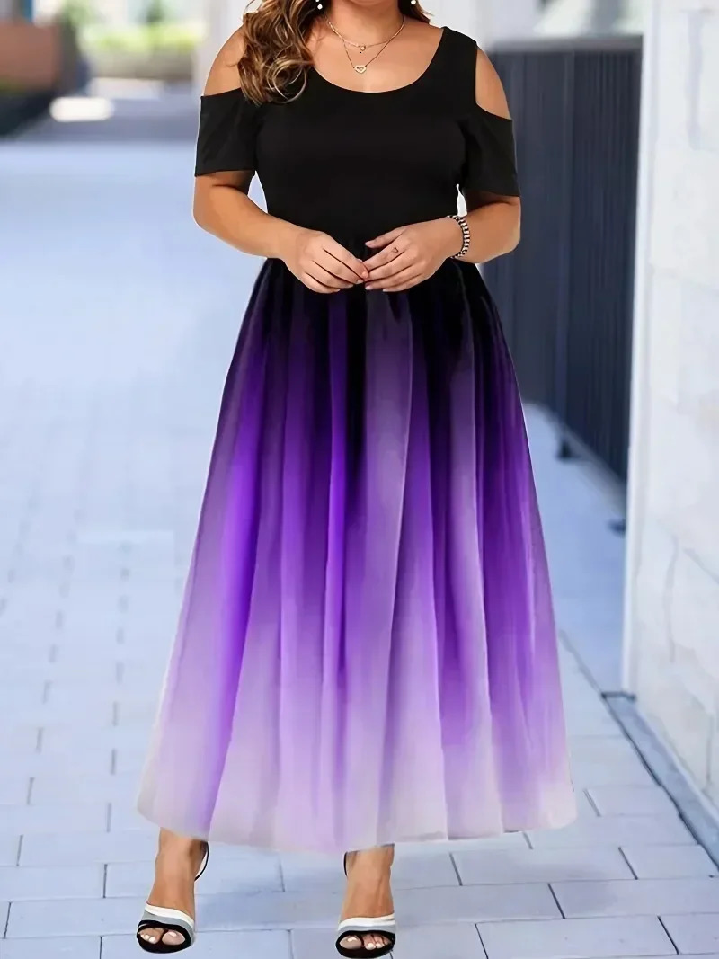 Women Plus Size 1XL-8XL Dress Gradient Print Off Shoulder Dress Tight Top and Loose Bottom Elegant Short Sleeve Long Ball Dress 250207