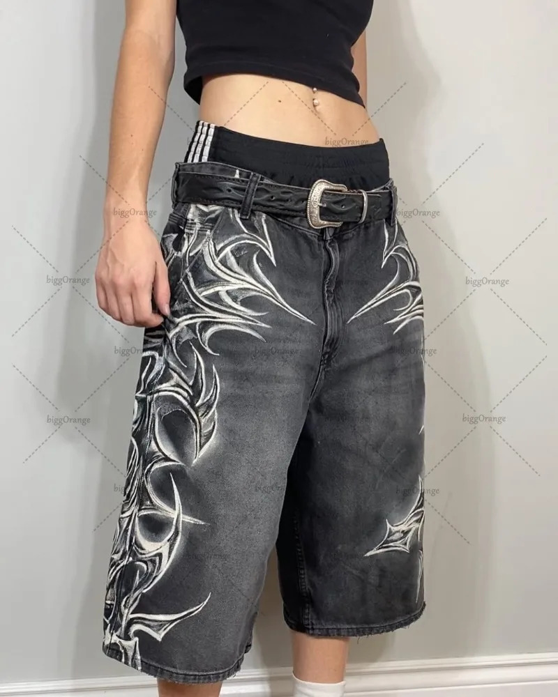 Gothic Punk Graphic Print Denim Shorts American Retro Baggy Five Points Straight Pants Men Harajuku Trend Y2K Streetwear 250207